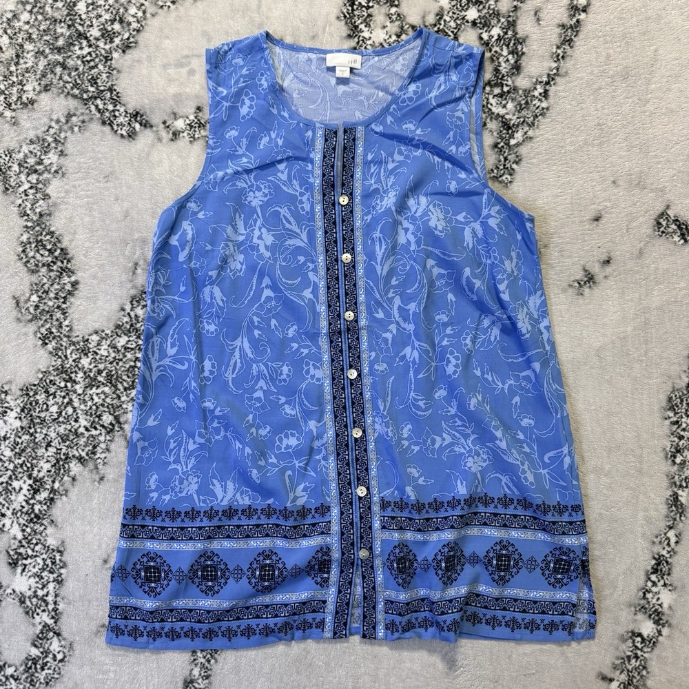 J Jill Blouse Womens Sz S Blue Floral Paisley Button Down Sleeveless 100% Rayon